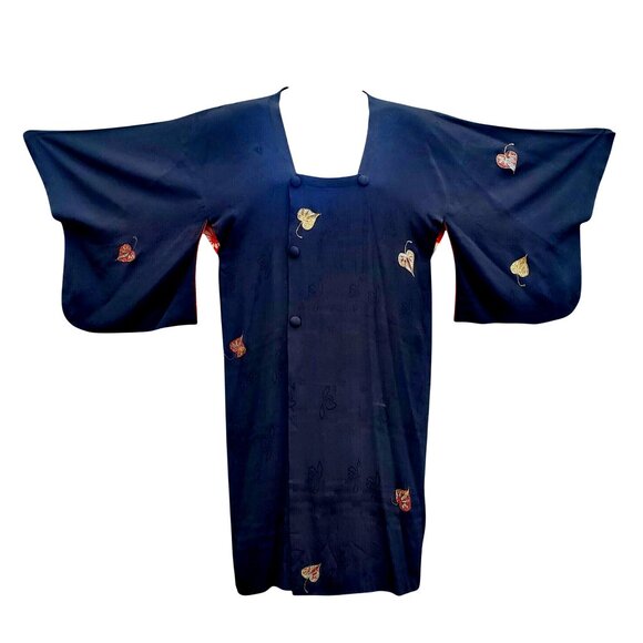 Vintage Japanese Black Silk Kimono Haori Hand Painted Metallic Leaves Red Lining - Picture 10 of 13